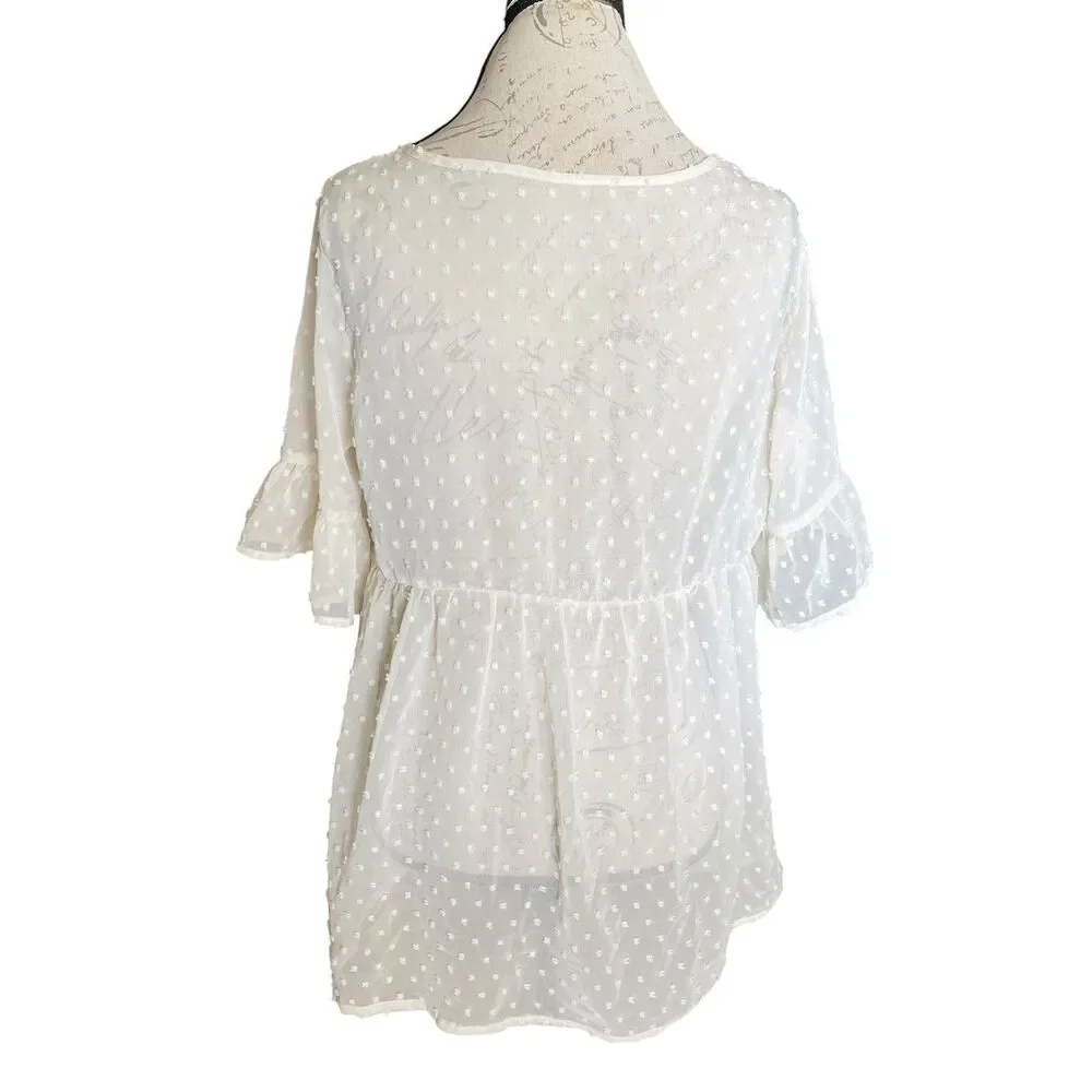 Women's Swiss-Dot Sheer Tie Front Flutter Short Sleeve Swim Coverup Sheer Ivory